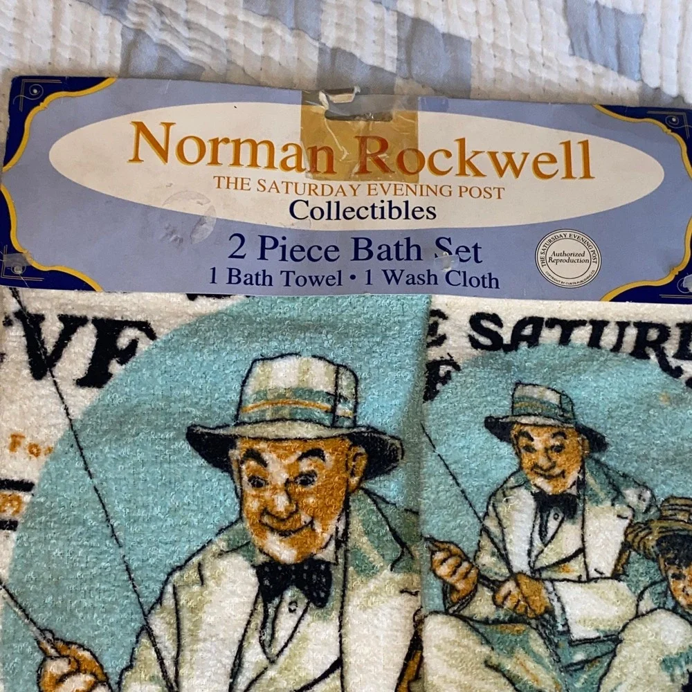 VINTAGE BATH TOWEL SHEET SET NORMAN ROCKWELL SATURDAY EVENING POST original tags